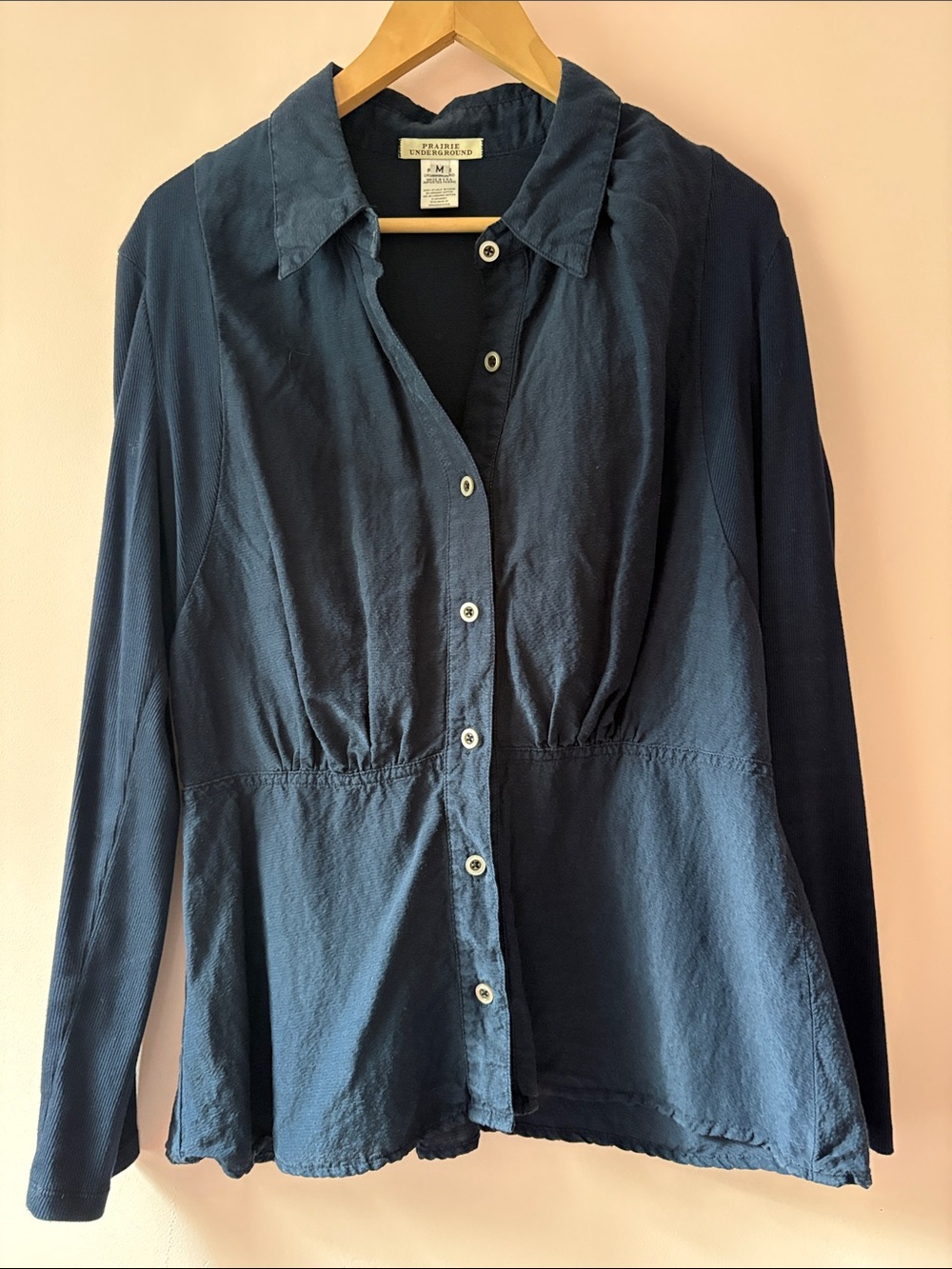 Prairie Underground Navy Blue linen silk Button-Front Long Sleeve Shirt M